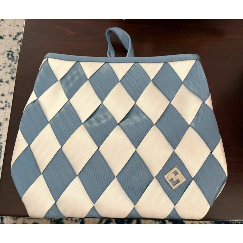 For Sale: Maggie Bags Woven Seatbelt Backpack Blue/Cream Checkerboard